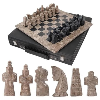 15-Inch Antiee Oceanic & Black Marble Chess Set with Storage Box Board Game - Chess Board For Adults