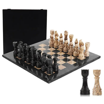 15-Inch Marble Black & Fossil Coral Chess Set with Storage Box  2 Player Games for Adults -  Board Game