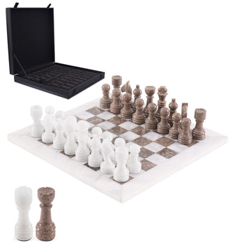 12-Inch White and Oceanic Marble Chess Set with Storage Box for Adults and Family - Board Game
