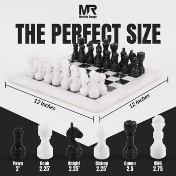 Marble Chess Set 12" Inches White & Black Handmade Chess Sets for Adults - Marble Board Game for Family with Storage Box & 2 Extra Queen, Ideal Travel Chess Set & Home Décor