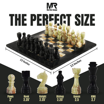 Marble Chess Set 12" Inches Black & Multi Green Handmade Chess Sets for Adults - Marble Board Game for Family with Storage Box & 2 Extra Queen, Ideal Travel Chess Set & Home Décor
