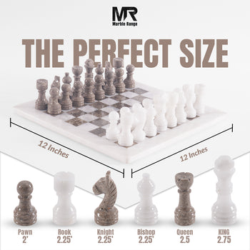 12-Inch White and Oceanic Marble Chess Set with Storage Box for Adults and Family - Board Game