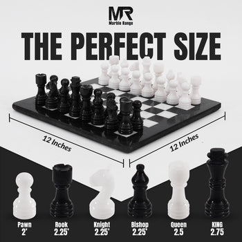 Marble Chess Set 12" Inches Black and White Handmade Chess Sets for Adults - Marble Board Game for Family with Storage Box & 2 Extra Queen, Ideal Travel Chess Set & Home Décor