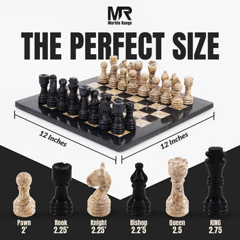 Marble Chess Set 12" Inches Black & Fossil Coral Handmade Chess Sets for Adults - Marble Board Game for Family with Storage Box & 2 Extra Queen, Ideal Travel Chess Set & Home Décor