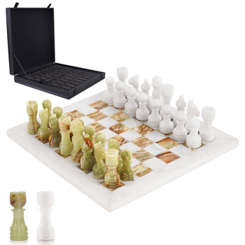 12-Inch White & Green Onyx Marble Chess Set with Storage Box For Family - Travel Chess Set