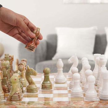 Green Onyx & White 15 Inches Natural Marble Chess Set