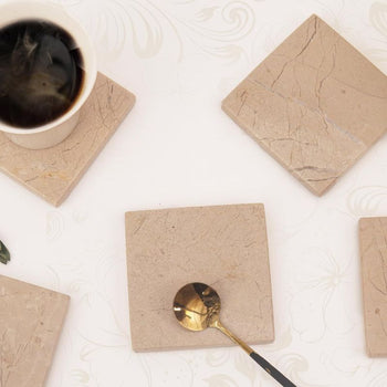 Radicaln Marble Coasters for Drinks White 3.5 Inch Handmade Set of 6 Square Coasters - Kitchen Caddy, Office Pot Drink Coaster Plates