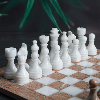 White & Marinara Natural Marble Chess Pieces